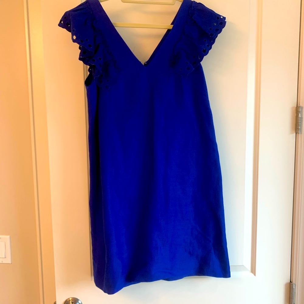 J.Crew Collection cobalt blue linen mini dress with ruffle sleeves